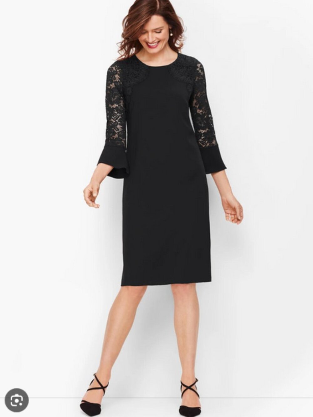 RSVP by Talbots Black Shift Cocktail Dress 12P Crepe and Lace Long Sleeve Sheath
